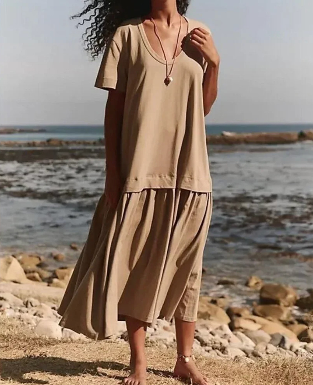 Free People Beach Herron Drop Waist Maxi Dress Womens Large Beige Boho Beach